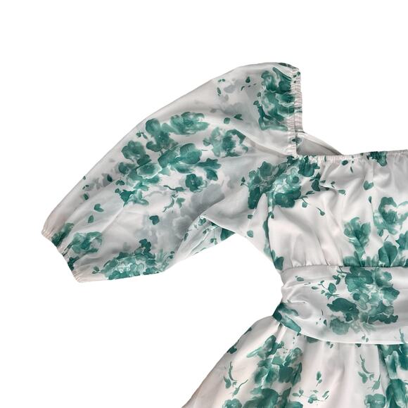 Fit & Flare Milkmaid Dress XL Green White Lantern Sleeves Ruffle Stretch Waist - Picture 11 of 16